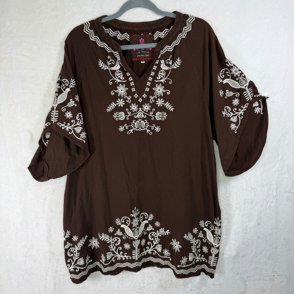 JW Los Angeles Tunic Women XL Brown Embroidered Boho V-Neck Cotton Top